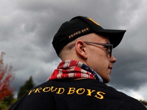 Levi Lepage, member of 'Proud Boys', participates in a rally for supporting U.S. President Donald Trump, in Gresham, Ore., Sept. 19, 2020.