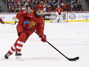 Vasili Podkolzin skates for Russia in the bronze-medal game of the 2019 IIHF World Junior Championship against Switzerland on Jan. 5, 2019, at Rogers Arena in Vancouver.