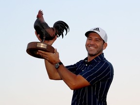 Sergio Garcia of Spain poses with the trophy after winning the Sanderson Farms Championship at the Country Club Of Jackson on October 04, 2020 in Jackson, Mississippi.