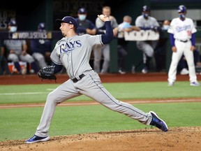 Blake Snell #4 of the Tampa Bay Rays delivers the pitch against the Los Angeles Dodgers during the fifth inning in Game Two of the 2020 MLB World Series at Globe Life Field on October 21, 2020 in Arlington, Texas.