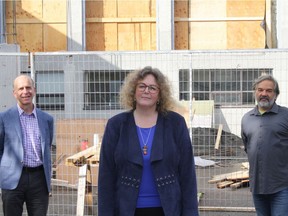 The United Way is raising money to complete Canada's first trauma-informed daycare. In front of the Little Phoenix Daycare construction site (left to right): Mark Breslauer, CEO, United Way Greater Victoria , Jane Taylor Lee, executive director, Family Services of Greater Victoria and David Lau, executive director, Victoria Immigrant and Refugee Centre Society.