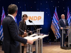 Green Leader Sonia Furstenau's well-received performance in a debate with Liberal Leader Andrew Wilkinson (left) and NDP Leader John Horgan sparked a surge in donations, the party said.