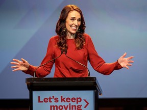 New Zealand Prime Minister Jacinda Ardern speaks at the Labour Party election night event in Auckland, October 17, 2020.