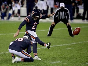 Cairo Santos of the Chicago Bears kicks a field goal in the fourth quarter against the Tampa Bay Buccaneers at Soldier Field on Oct. 8, 2020 in Chicago, Ill.