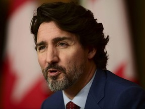 Prime Minister Justin Trudeau takes part in a press conference during the COVID pandemic in Ottawa, Friday, Oct. 16, 2020.