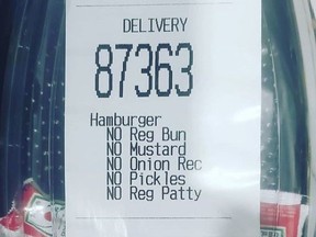 A Toronto woman drunkenly ordered a McDonald's hamburger without the burger and only wanted two ketchup packets, according to her husband @jodypooole on Instagram. The food delivery came as requested.