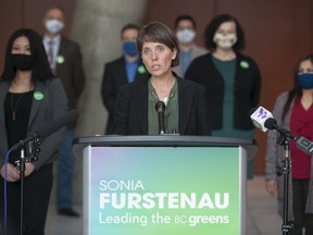 B.C. Green Party leader Sonia Furstenau, flanked by Green party candidates, releases her party's full platform for the upcoming election, in New Westminster on Oct. 14, 2020. (Photo by Jason Payne/ PNG) (For story by Rob Shaw) ORG XMIT: greenplatform [PNG Merlin Archive]