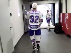 Vasili Podkolzin walks through the tunnel towards the ice before a SKA St. Petersburg game earlier this month.