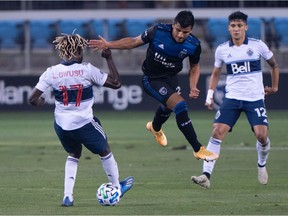 San Jose Earthquakes defender Nick Lima kicks the ball against Vancouver Whitecaps midfielder Leonard Owusu (17) at Avaya Stadium in California earlier this month.