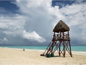 A general view shows an almost empty beach ahead of the arrival of Hurricane Delta, in Cancun, Mexico October 6, 2020.