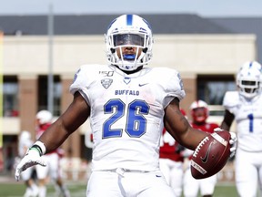 University of Buffalo Bulls running back Jaret Patterson scores a touchdown against the Miami of Ohio RedHawks at Yager Stadium in Oxford, Ohio, on Sept. 28, 2019.