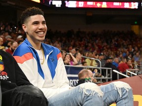 Basketball star LaMelo Ball attends a game between the USC Trojans and the UCLA Bruins at Galen Center on March 7, 2020 in Los Angeles.