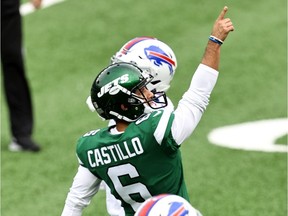 Sergio Castillo of the New York Jets celebrates his field goal against the Buffalo Bills at MetLife Stadium on Oct. 25 in East Rutherford, N.J.