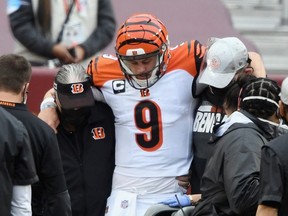 Joe Burrow of the Cincinnati Bengals is injured during the third quarter against the Washington Football Team at FedExField on November 22, 2020 in Landover, Maryland.
