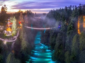 Capilano Suspension Bridge Park in North Vancouver lights up from Dec. 1 to Jan. 3 (closed Dec. 25) for the annual Canyon Lights celebration of Christmas holiday season.