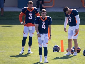 The Denver Broncos' top four quarterbacks -- Drew Lock #3, Brett Rypien #4, Jeff Driskel #9 and practice-squad QB Blake Bortles are all under quarantine and won't play in Sunday's game.