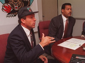 Larry Riley (left, with GM Stu Jackson in 1995) was director of basketball scouting for the expansion Vancouver Grizzlies.