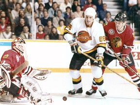 Vancouver Canucks winger Gino Odjick in his first NHL game, against the Chicago Blackhawks in November 1990.