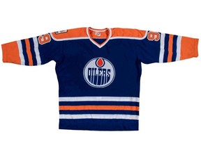 Wayne Gretzky’s signed game-worn rookie season Edmonton Oilers road jersey is seen in an undated handout photo ahead of a sports memorabilia auction.