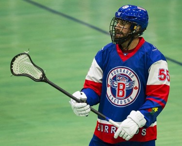 NEW WESTMINSTER August 03 2019. A Maple Ridge Burrards #55 WesBerg wearing a jersey with an autism symbol on the sleeve prior to playing the New Westminster Salmonbellies at Queen's Park Arena, New Westminster, August 03 2019.   Gerry Kahrmann  /  PNG staff photo) 00058291A  Story by Steve Ewen [PNG Merlin Archive]