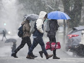 Environment Canada is calling for as much as 10 centimetres of snow at higher elevations of Vancouver’s North Shore, along with parts of Coquitlam and Maple Ridge.