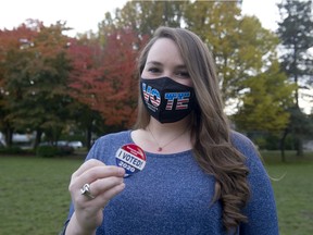 Jennifer Phillips, an American living in Vancouver who works with Democrats Abroad, at Mount Pleasant Park in Vancouver on Nov. 2, 2020. For Denise Ryan story. Credit: Mike Bell/PNG [PNG Merlin Archive]