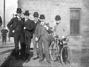 The staff of the Vancouver Daily World newspaper, 1901. Left to right" Harold Sands, Sam Robb, Alexander Baxter, Bruce Bennett and Sam Gothard. Roy Brown/Vancouver Archives AM54-S4-: Str P84
