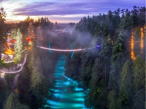 Capilano Suspension Bridge Park in North Vancouver lights up from Dec. 1, 2020 to Jan. 3, 2021 (closed Dec. 25) for the annual Canyon Lights celebration of Christmas holiday season. (Photo: Handout) [PNG Merlin Archive]