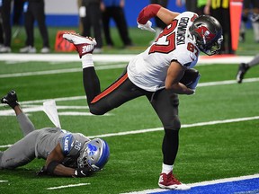 Rob Gronkowski of the Tampa Bay Buccaneers makes a 25-yard reception for a touchdown during the third quarter of a game against the Detroit Lions at Ford Field on Dec. 26, 2020.