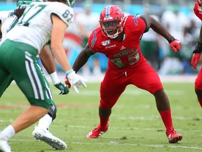 Defensive end Tim Bonner in action for Florida Athletic University against Marshall in 2019. Bonner, who starred on the Netflix series ‘Last Chance U’ when he was at East Mississippi, has signed with the B.C. Lions.