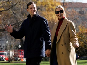 Ivanka Trump and her husband Jared Kushner walk on the South Lawn of the White House upon their return to Washington with U.S. President Donald Trump from Camp David, U.S., Nov. 29, 2020.