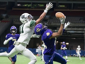 Jason Soriano of the Vancouver College Fighting Irish, shown making a great catch against the Lord Tweedsmuir Panthers at B.C. Place Stadium last year, would be pleased his team also hauled in first place in the Best Uniform Contest this year.