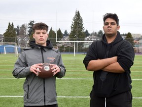 Deakon Young, left, and Vishaan Narayan, Grade 12 students at New Westminster Secondary School, are disappointed that COVID-19 has cost them a high school football season. Young, a defensive back, and Narayan, a lineman on offence and defence, would have been among the best high school football players in the province this season.