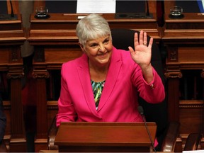 CP-Web. Minister of Finance Carole James waves to people in the sitting area before she delivers her budget speech from the legislative assembly at B.C. Legislature in Victoria, B.C., on Tuesday, February 18, 2020.