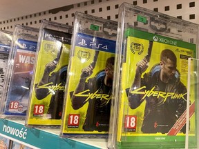 Boxes with CD Projekt's game Cyberpunk 2077 are displayed in Warsaw, Poland, December 14, 2020.