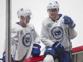 Olli Juolevi, right, takes a few minutes to pick Elias Pettersson's brain during a Canucks' practice at Rogers Arena last year.