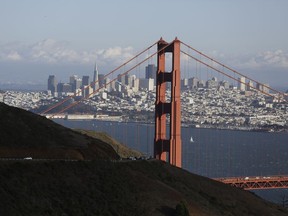 This Oct. 28, 2015, photo shows the Golden Gate Bridge and San Francisco skyline from the Marin Headlands above Sausalito, Calif.