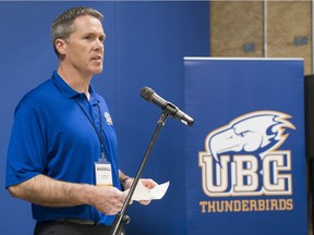 VANCOUVER, APRIL 15, 2018 -- UBC baseball coach Terry McKaig at the official opening of the UBC Baseball Rose Indoor Training Centre.
