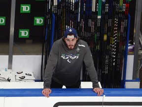 EDMONTON, ALBERTA - AUGUST 30: Zack MacEwen #71 of the Vancouver Canucks stands at the bench prior to warm-ups and his game against the Vegas Golden Knights in Game Four of the Western Conference Second Round during the 2020 NHL Stanley Cup Playoffs at Rogers Place on August 30, 2020 in Edmonton, Alberta, Canada.