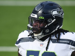 Seattle Seahawks right tackle Brandon Shell gets set to face the Los Angeles Rams at SoFi Stadium in Inglewood, Calif., on Nov. 15, 2020.