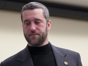Dustin Diamond leaves a courtroom after attending further proceedings at Ozaukee County Courthouse on Feb. 19, 2015 in Port Washington, Wis.