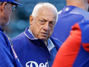 Former Los Angeles Dodgers manager Tommy Lasorda is pictured at Wrigley Field in Chicago, Ill., in this Oct. 17, 2017 file photo.