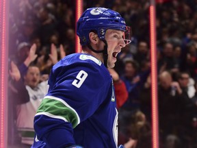 Vancouver Canucks forward J.T. Miller celebrates after scoring a goal against the Colorado Avalanche during the first period at Rogers Arena.