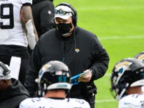 Jacksonville Jaguars head coach Doug Marrone speaks with members of the offense during the second quarter against the Baltimore Ravens at M&T Bank Stadium Dec. 20, 2020.
