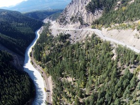 An aerial photo of Highway 1 in Kicking Horse Canyon.
