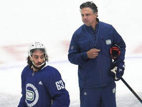 ‘He’s had a good camp,’ Canucks coach Travis Green said of blueliner Jalen Chatfield (both pictured). ‘He’s a quick skater and has quick defensive reads and a good stick. We like him a lot — we’ve said that from Day 1.’