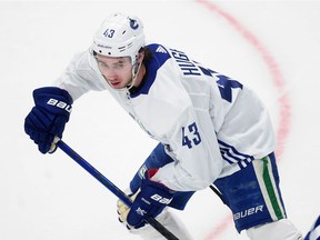 Quinn Hughes (43) in action during training camp at Rogers Arena in Vancouver, BC., on January 5, 2021.