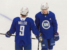 Vancouver Canucks J.T. Miller and Elias Pettersson during a scrimmage game at Rogers Arena in Vancouver on Jan. 6, 2021.