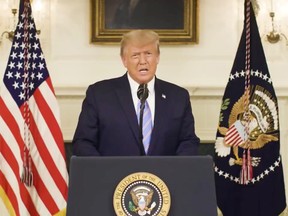 U.S President Donald Trump gives an address, a day after his supporters stormed the U.S. Capitol in Washington, U.S., in this still image taken from video provided on social media on January 8, 2021.