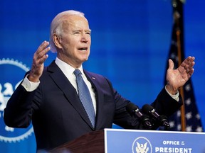 U.S. President-elect Joe Biden speaks as he announces his Justice Department nominees at his transition headquarters in Wilmington, Del., on Jan. 7, 2021.